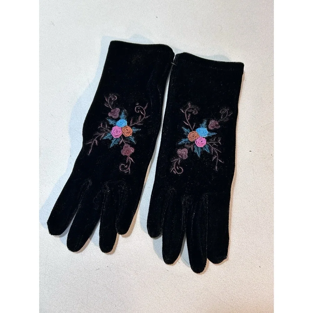 Vintage Black Velvet Gloves – Floral Embroidery Whimsygoth Victorian Cosplay